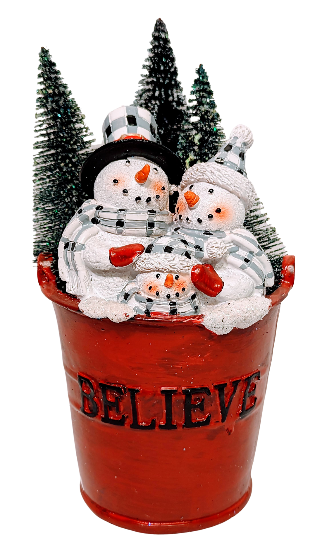 Snowmen In  Red Bucket with Evergreen Trees- Believe