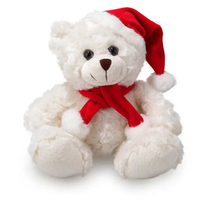 Plush White Christmas Bear with Red Santa Hat & Red Scarf
